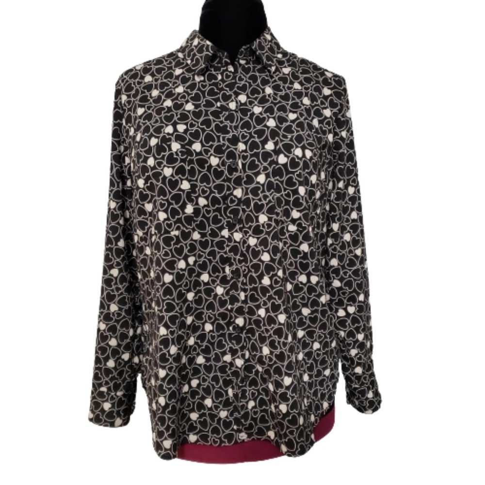 Coldwater Creek Women's Black/ Cream Heart Print blouse Sz large